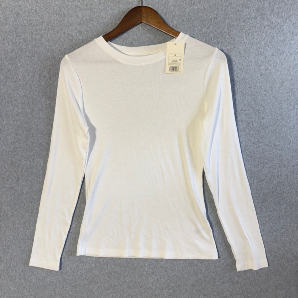 A New Day Long Sleeve Ribbed Crewneck Tee Small White NWT Minimalist Staple